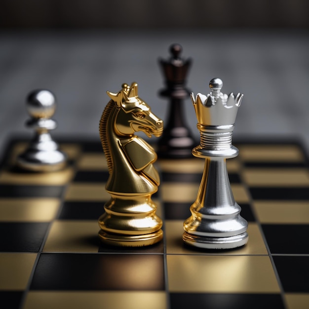 Scacchi dell'oro e dell'argento sul gioco di scacchiera per il concetto di direzione della metafora di affari
