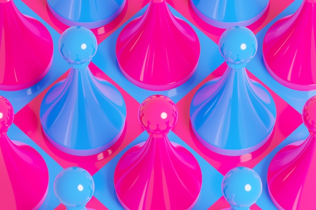 Scacchi rosa e blu dell'illustrazione 3d, ispettori su una scacchiera su un fondo bianco.