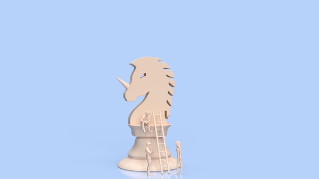 Scacchi unicorno uomo e legno per il rendering 3d del concetto di business