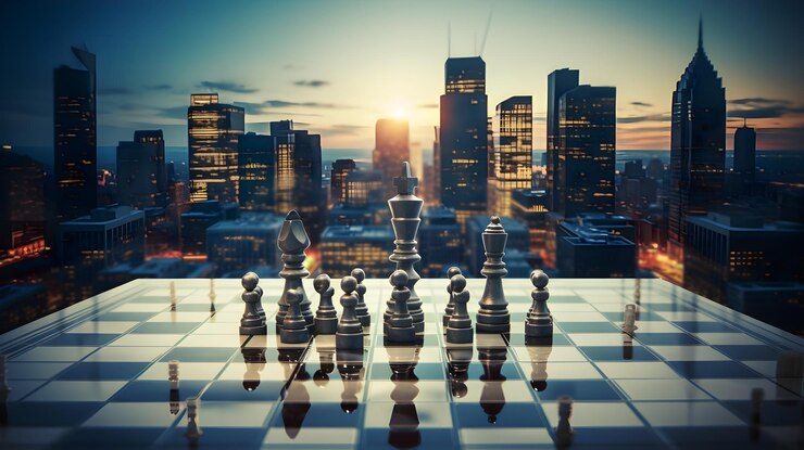 Scacchiera sul tetto con l'orizzonte della città Pensiero strategico e affari
