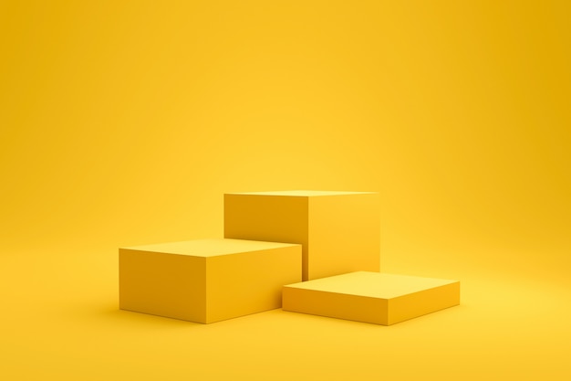 Scaffale a podio giallo o display a piedistallo vuoto su vivido sfondo estivo di moda con stile minimal. Stand vuoto per mostrare il prodotto. Rendering 3D.