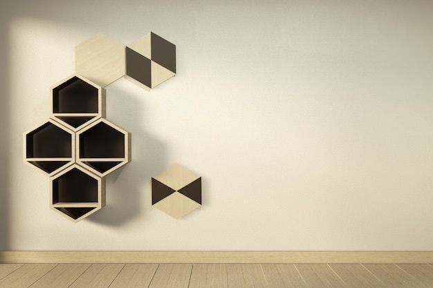 Scaffale in legno esagonale design giapponese su parete. Rendering 3D