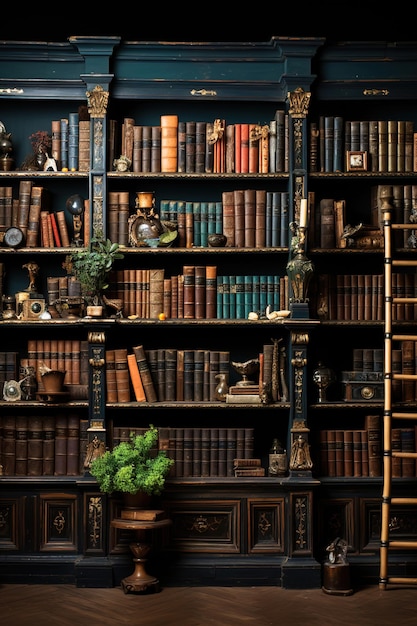 Scaffale pieno di una varietà di libri in un'accogliente biblioteca domestica
