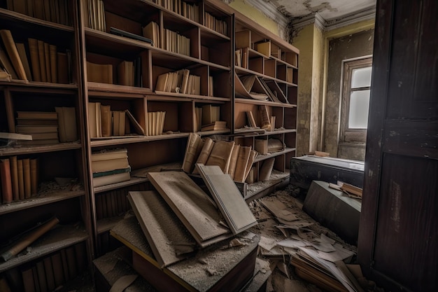 Scaffale polveroso in biblioteca abbandonata con conoscenze dimenticate in attesa di essere riscoperte