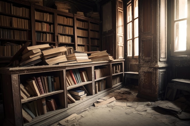 Scaffale polveroso in biblioteca abbandonata con conoscenze dimenticate in attesa di essere riscoperte