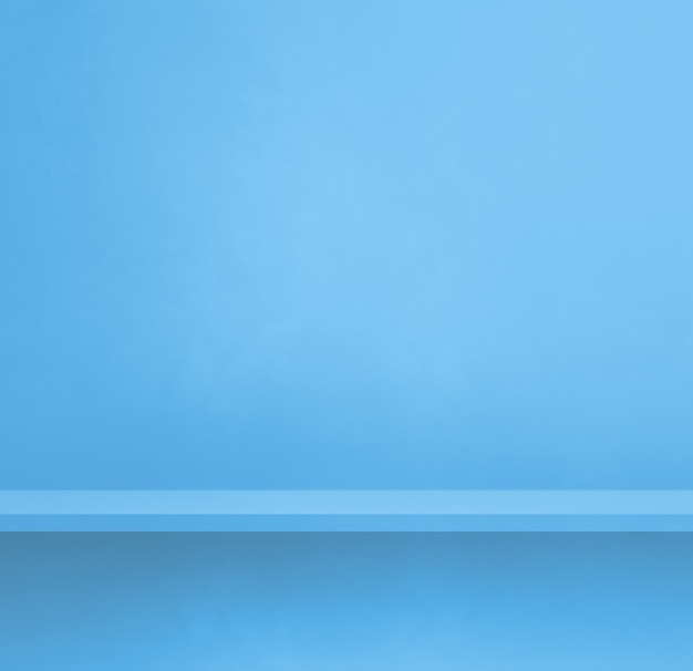 Scaffale vuoto su una parete blu. Scena del modello di sfondo. Banner quadrato