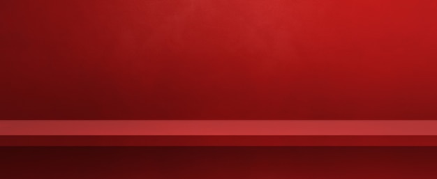 Scaffale vuoto su una parete rossa. Scena del modello di sfondo. Banner orizzontale