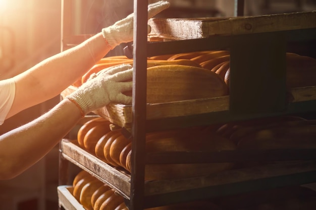 Scaffali a contatto con le mani con ripiani per pane con pagnotte un altro è pronto fresco e morbido