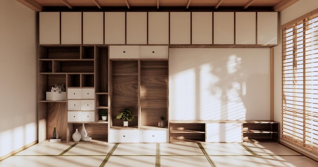 Scaffali a parete in soggiorno in stile giapponese tatami e lampada decorativa e piante su rendering bianco zen room3D