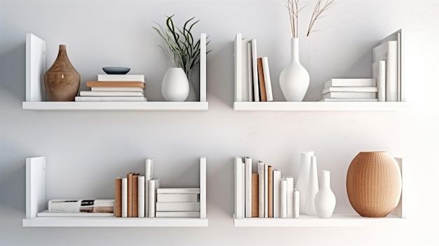 Scaffali bianchi con libri bianchi e decorazioni interne bianche chiare del soggiorno o armadio in casa design elegante e accogliente in stile minimalista Generative ai