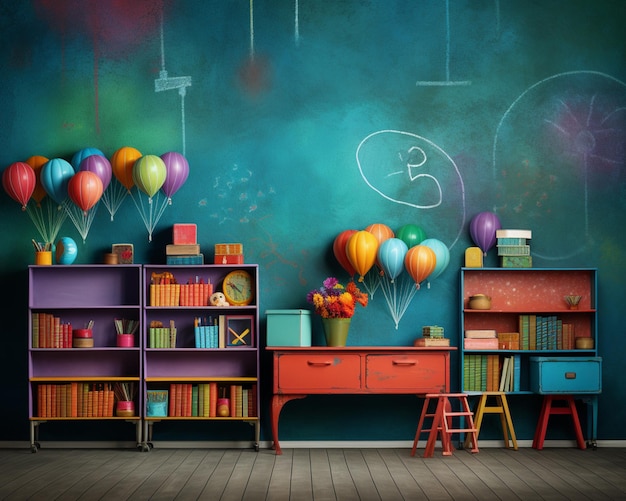 scaffali dai colori vivaci e una scrivania con palloncini e libri ai generativi
