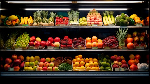 scaffali dei supermercati con frutta e verdura