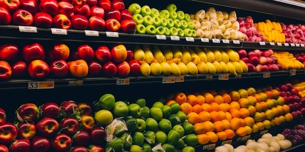 Scaffali del supermercato pieni di un'ampia gamma di frutta biologica Esposizione colorata di prodotti sani nel negozio IA generativa