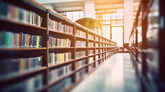 Scaffali in una libreria con il sole che splende attraverso la finestra.