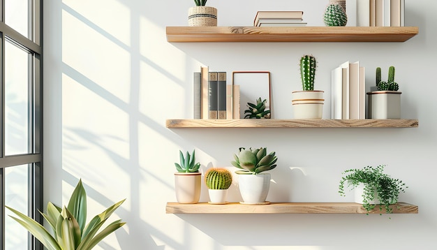 scaffali moderni con libri e cactus appesi sulla parete leggera