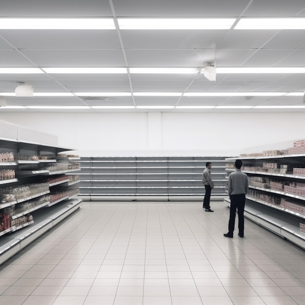 Scaffali semivuoti del supermercato e persone in piedi accanto a loro