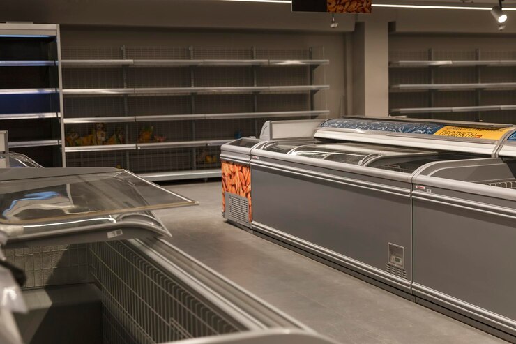 Scaffali vuoti nel negozio di alimentari Crisi e sanzioni finanziarie ed economiche Fame e panico Mosca Russia 11172021