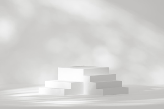 Scala bianca geometrica astratta e su sfondo bianco luminoso e ombra Scena vetrina minimale moderna per la presentazione del prodotto Illustrazione 3D resa