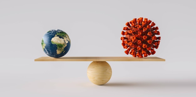 scala di legno che bilancia grande palla terrestre e Coronavirus o Covid-19. Concetto di armonia ed equilibrio