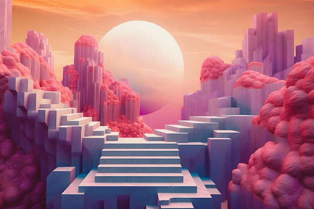 Scala magica che esplora un paesaggio 3D stilizzato di Bryce con elementi astrali