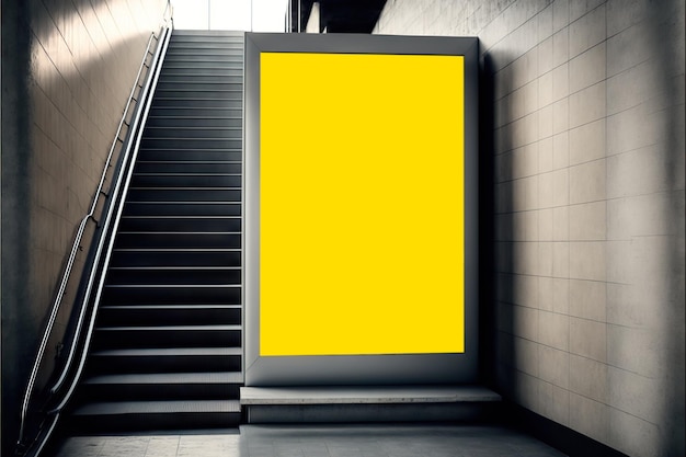 Scala mobile e mockup di cartelloni pubblicitari vuoti verticali in piedi alla stazione della metropolitana creata con intelligenza artificiale generativa