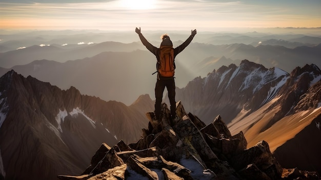 Scalatore che celebra il successo in cima alla montagna generativa ai