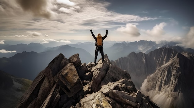 Scalatore che celebra il successo in cima alla montagna generativa ai