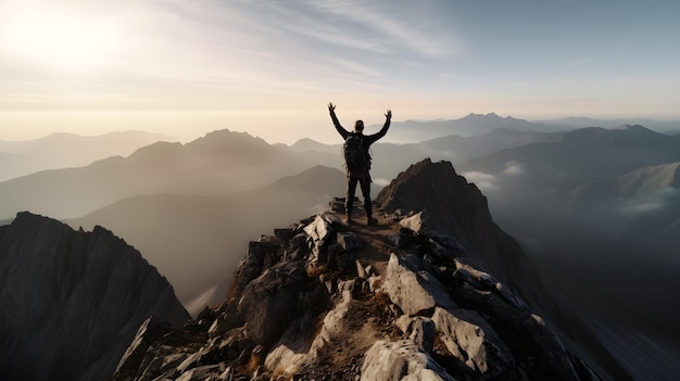 Scalatore che celebra il successo in cima alla montagna generativa ai