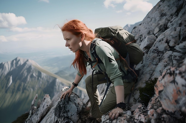 Scalatore di roccia della donna dai capelli rossi sulla montagna 1