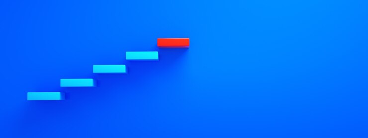 Scale blu che portano al gradino più alto rosso, livello superiore o carriera, rendering 3D, layout panoramico