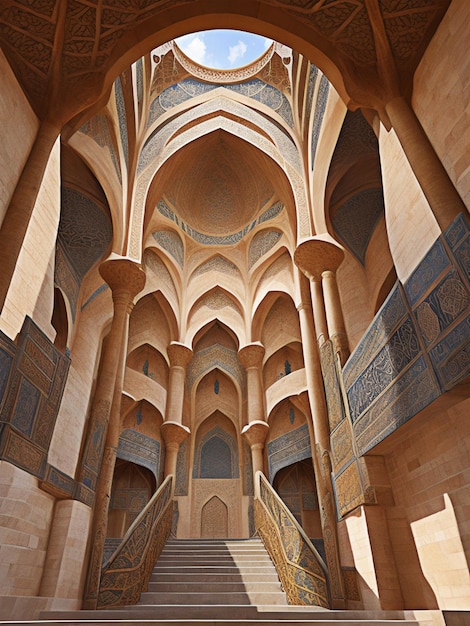scale che portano in una grotta aperta con cielo aperto sopra nello stile dell'arte e dell'architettura islamica