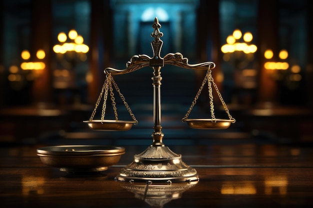 Scale di giustizia sulla sala della corte penale sullo sfondo con diritto giuridico AI generativa