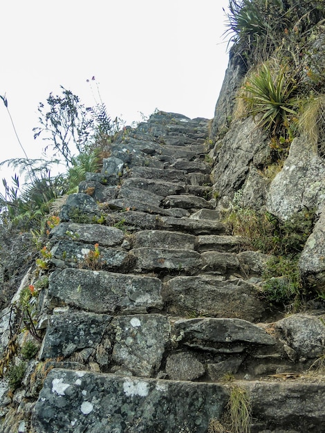 Scale di pietre scolpite sulla strada per Machu Picchu Cusco Cuzco Perù