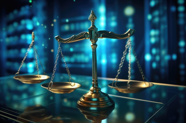 Scale giuridiche sullo sfondo del centro dati Scale giuridica sullo sfonto del centro dati Concetto di diritto digitale della dualità della giurisprudenza giudiziaria Ai generato