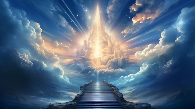 Scale verso il cielo che salgono verso i cieli luce brillante dalla porta del cielo Concept art Luce epica