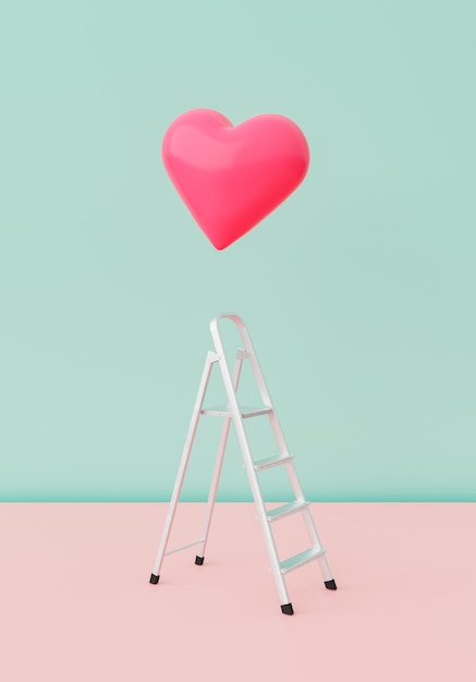 Scaletta pieghevole con un cuore in alto su uno sfondo verde pastello e rosso per studio rendering 3d