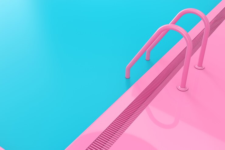 Scaletta rosa della piscina nell'interno blu della piscina in primo piano estremo di stile di due tonalità. Rendering 3D