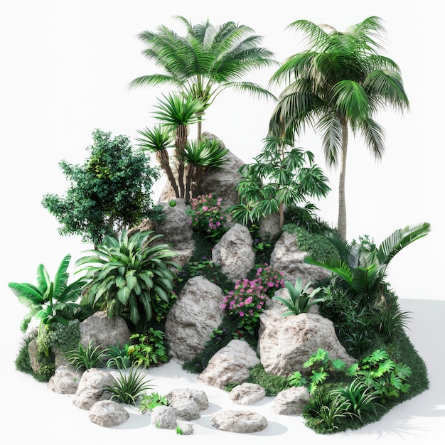 Scali di roccia artificiali decorati con piante tropicali