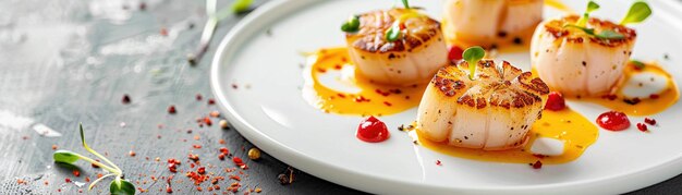 Scallop elegantemente rivestiti di guarnizioni e salsa