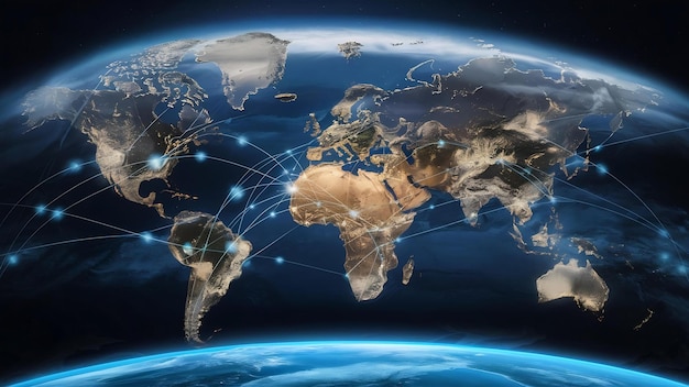 Scambio di dati e rete globale sulla terra notturna luci della città dall'orbita