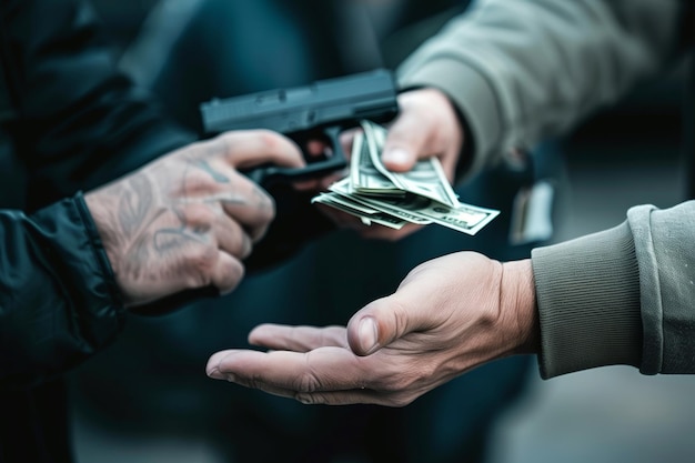 Scambio di mano di soldi per una pistola in un affare oscuro.