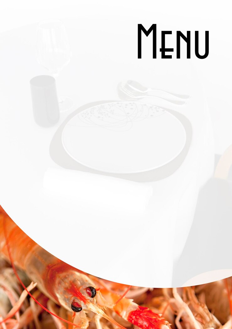 Foto scampi e tavola sul menu di un ristorante
