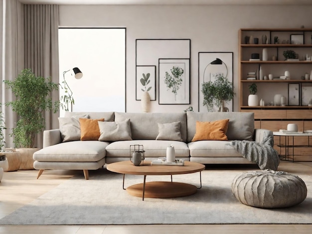 Scandinavo confortevole soggiorno con pavimento e mobili in legno