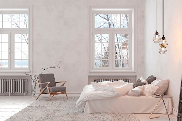 Scandinavo, loft interno vuoto bianco camera da letto. 3d render illustrazione.
