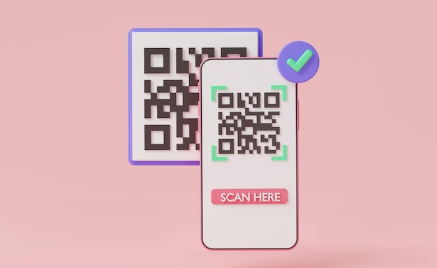 Scansione del codice QR nello smartphone per la verifica del pagamento Scansione della transazione di pagamento Codice QR Portafoglio E Tecnologia cashless Shopping online Trasferimento di denaro Pagamento online Illustrazione di rendering 3D