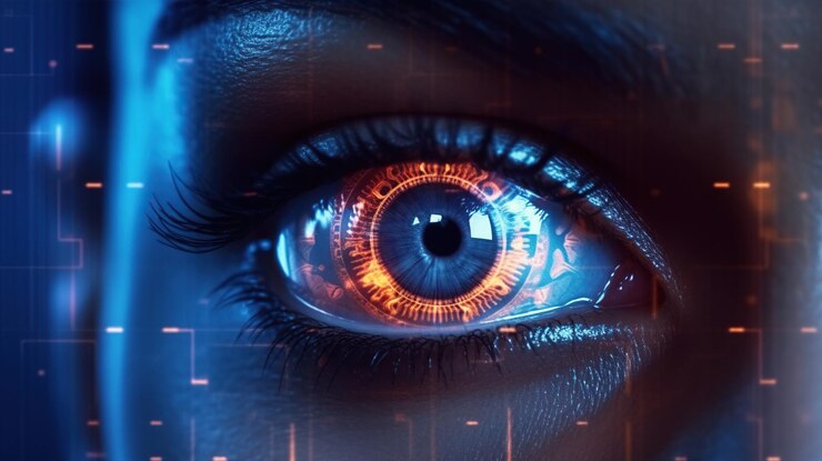 Scansione di sicurezza biometrica ad alta tecnologia Primo piano dell'occhio della donna durante il processo di scansione