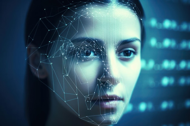 Scansione futuristica del volto della donna per il riconoscimento facciale e la scansione e l'identificazione biometrica dell'utente