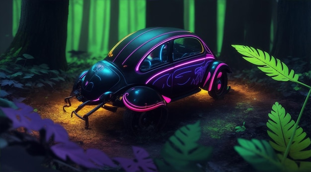 Scarabeo colorato al neon su un pavimento di foresta scura creato da Generative AI