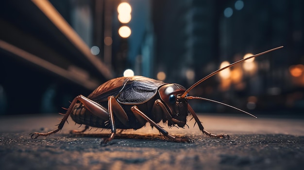 Scarafaggio da vicino in città di notte