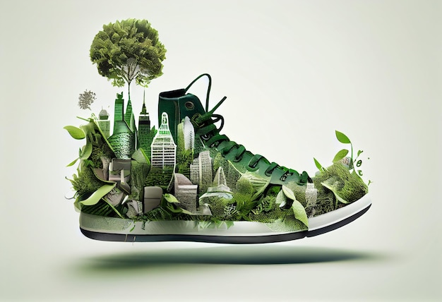 Scarpa con concetto di impronta di carbonio verde e città Genera Ai